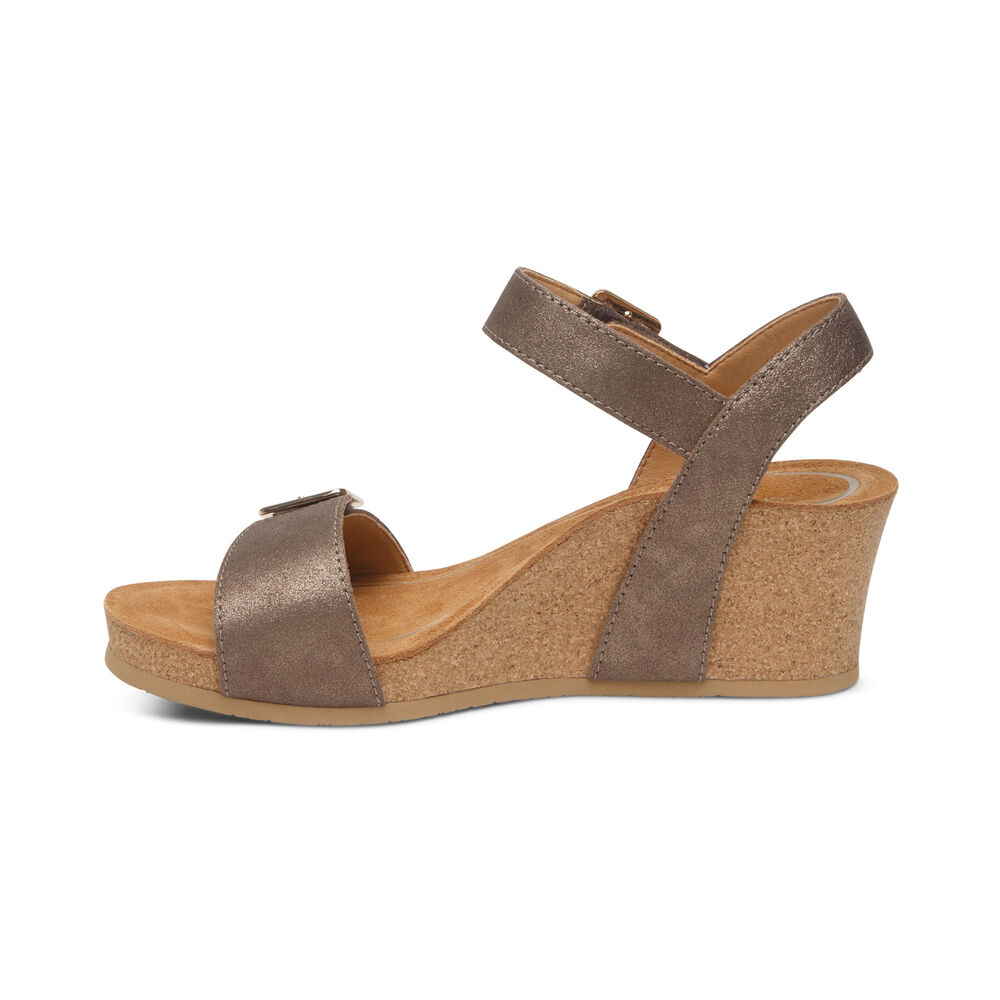 Aetrex Women's Lexa Quarter Strap Wedge Sandals - Bronze | USA KG4NENA